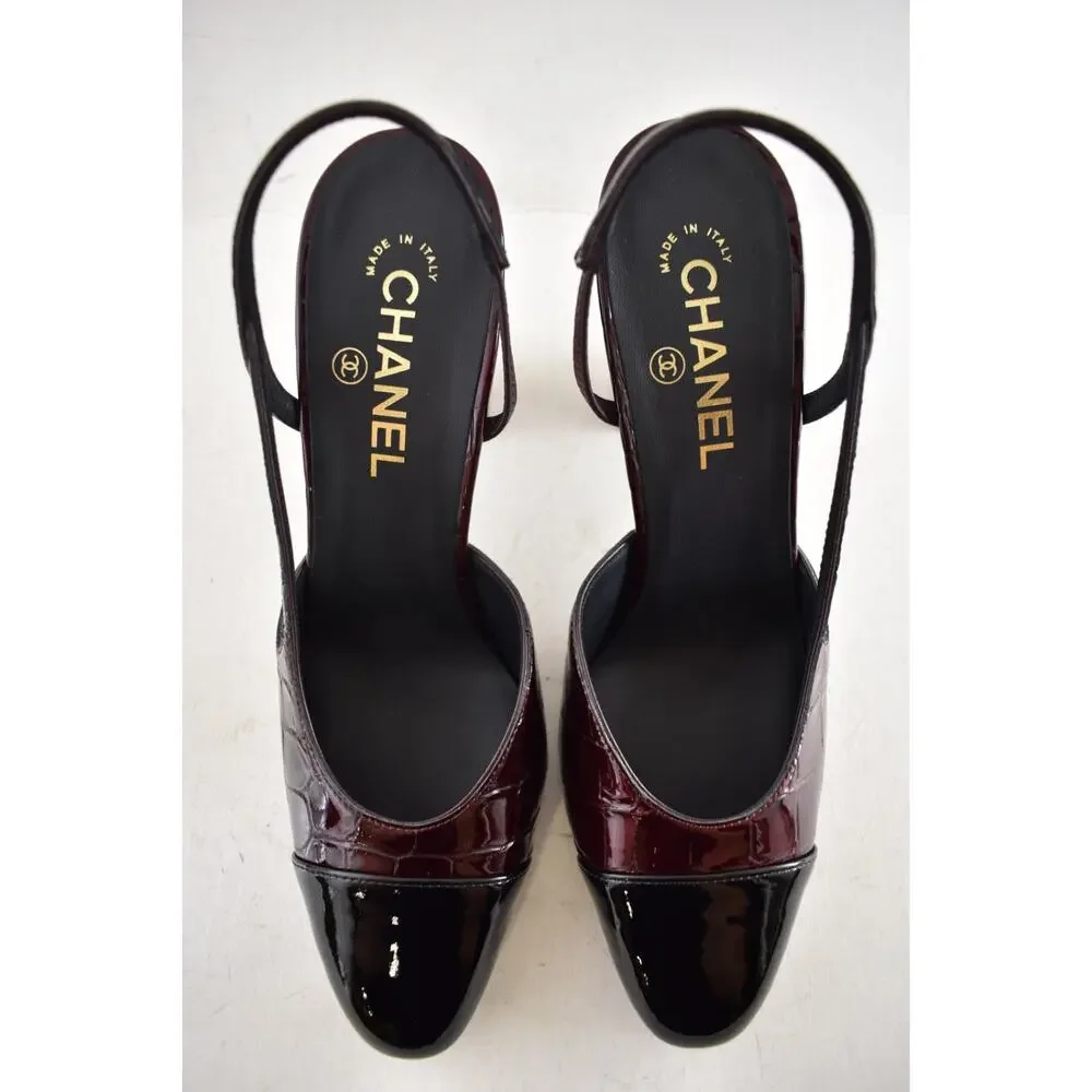 Chanel 26A Burgundy Black Crocodile Coco Sling Slingback Block Heel Pump 40c